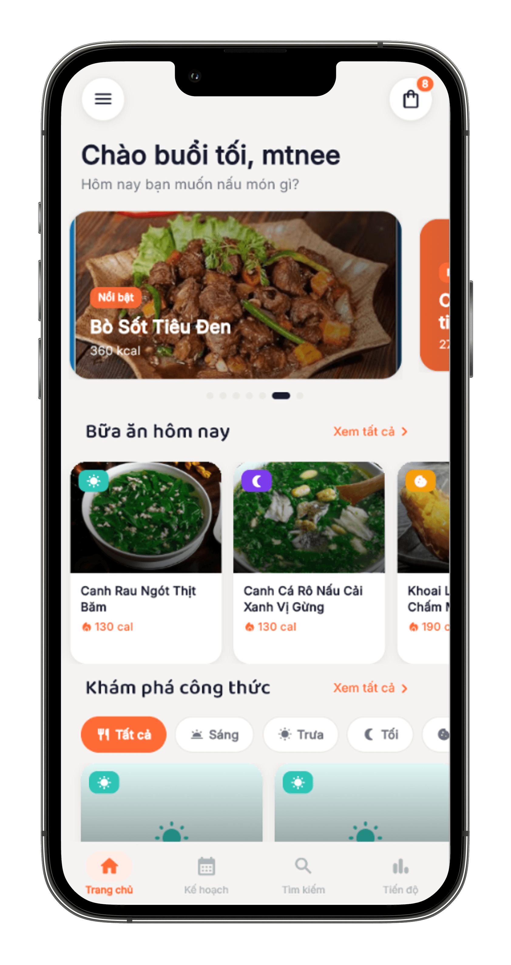 Màn hình trang chủ Cravvy gợi ý bữa ăn hôm nay